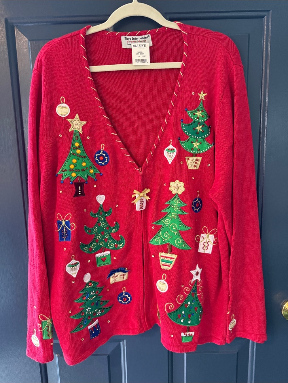 Tiara International Red Zip-Up Christmas Cardigan Sweater - Appliqués - Size 2X
